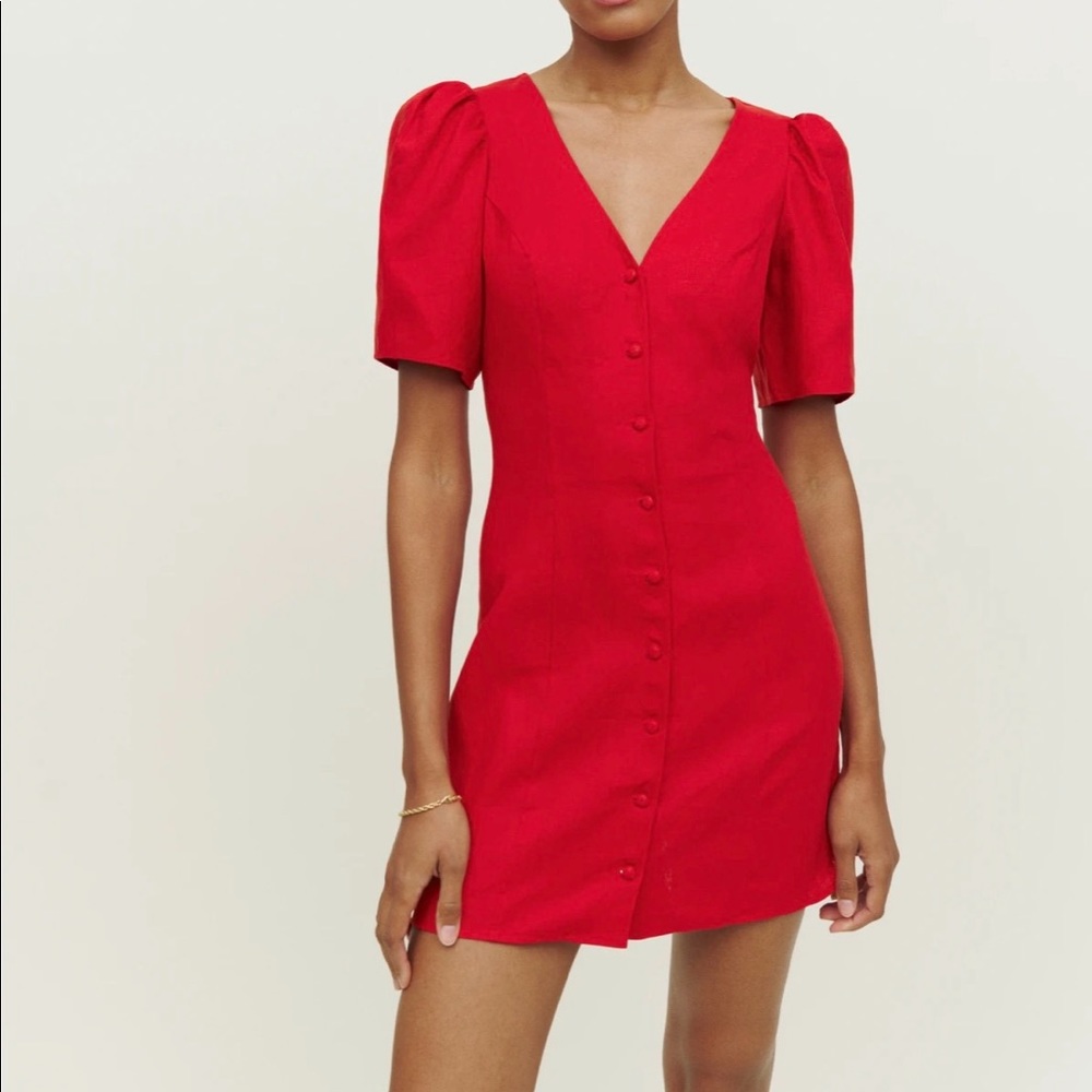 Reformation Red Button-Front V-Neck Mini Dress